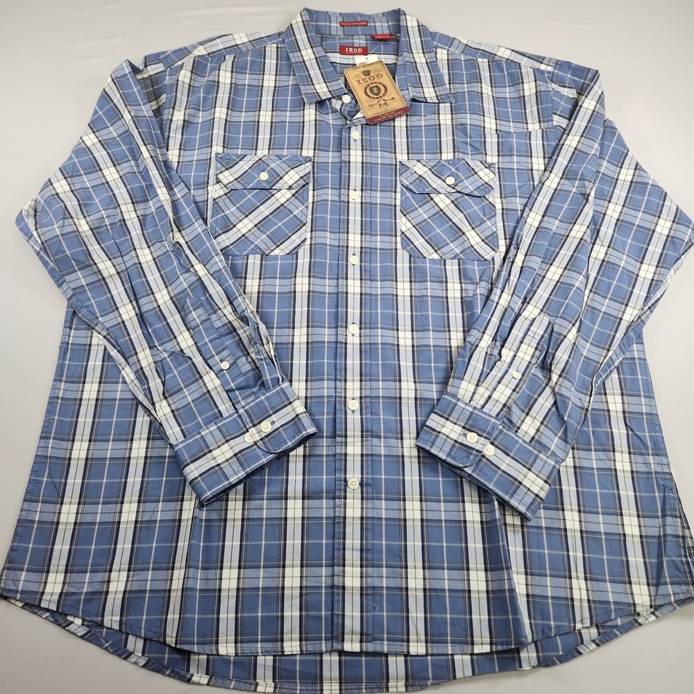 IZOD Men's XXL Blue Plaid Long Sleeve Button Up Double Flap Pockets Western NEW